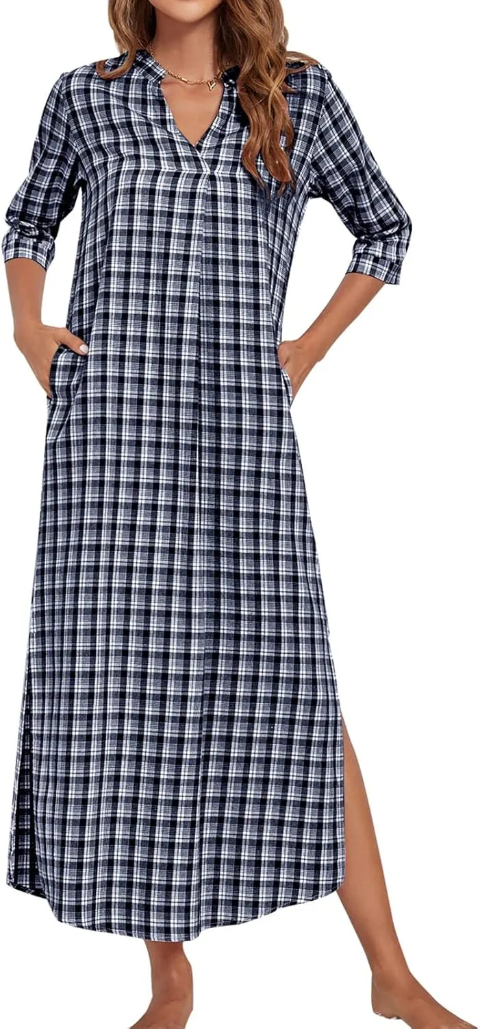 MINTLIMIT Women's 100% Cotton Plaid Nightgown Plain Cotton Half Sleeve Nightshirt V-Neck Long Pajama Dress with Pockets