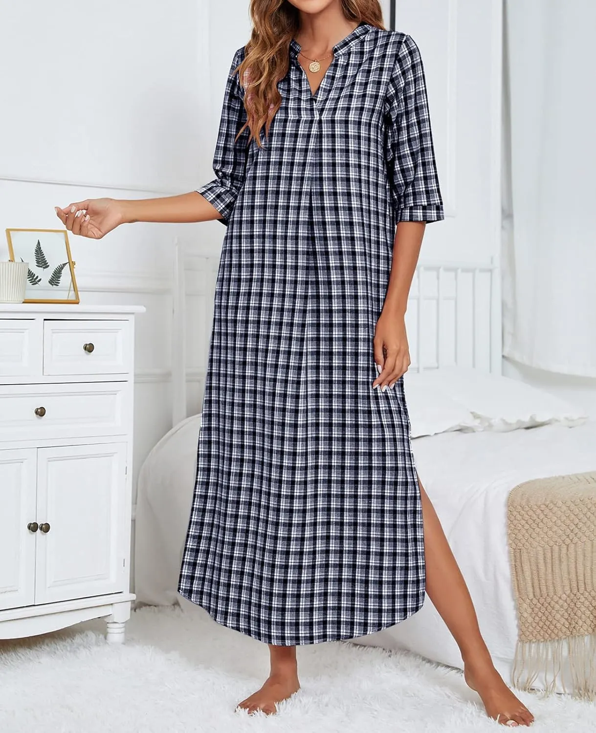 MINTLIMIT Women's 100% Cotton Plaid Nightgown Plain Cotton Half Sleeve Nightshirt V-Neck Long Pajama Dress with Pockets