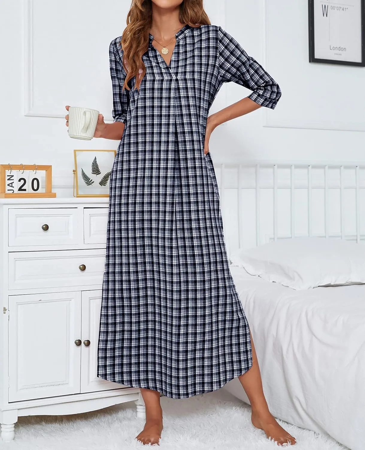 MINTLIMIT Women's 100% Cotton Plaid Nightgown Plain Cotton Half Sleeve Nightshirt V-Neck Long Pajama Dress with Pockets