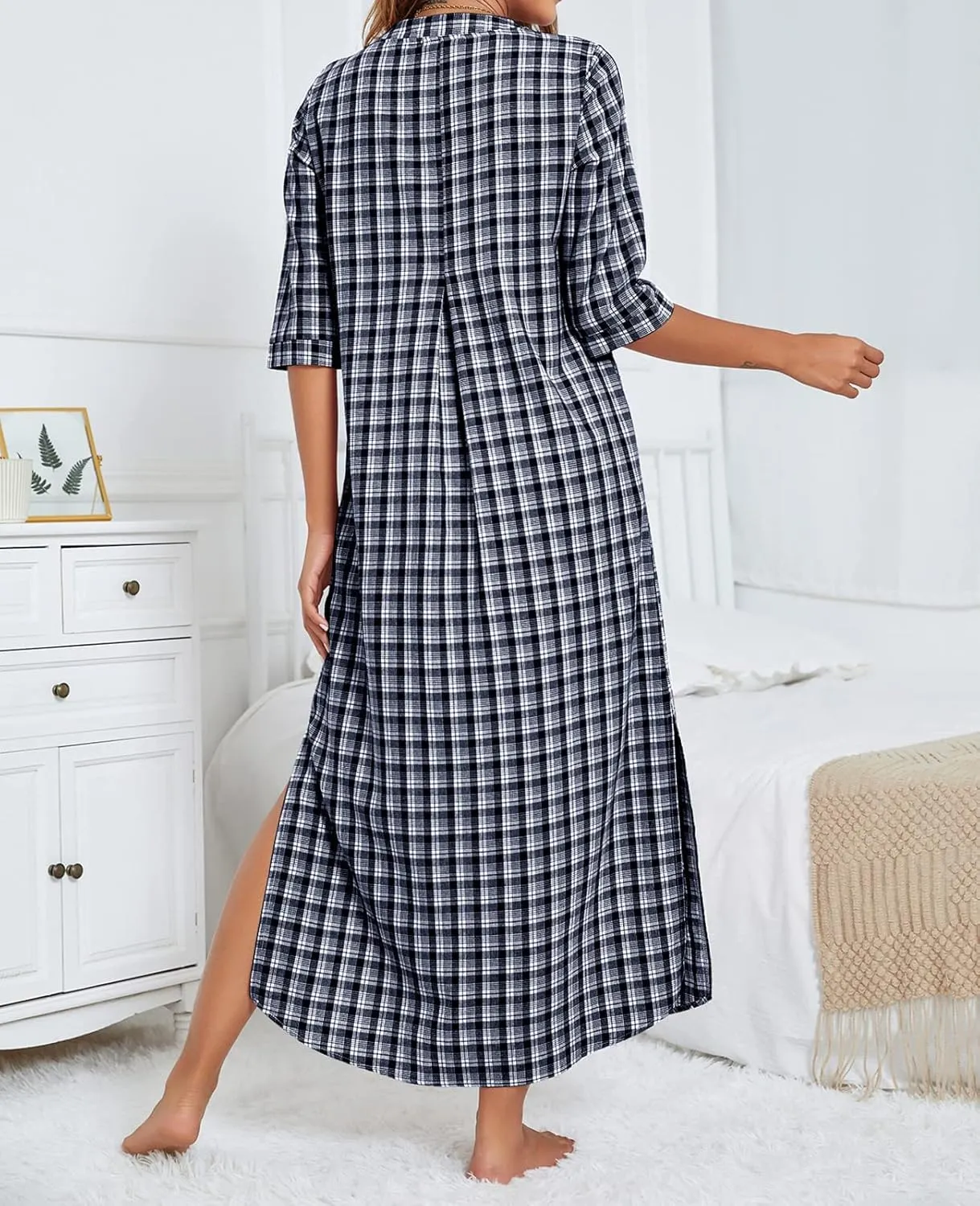 MINTLIMIT Women's 100% Cotton Plaid Nightgown Plain Cotton Half Sleeve Nightshirt V-Neck Long Pajama Dress with Pockets