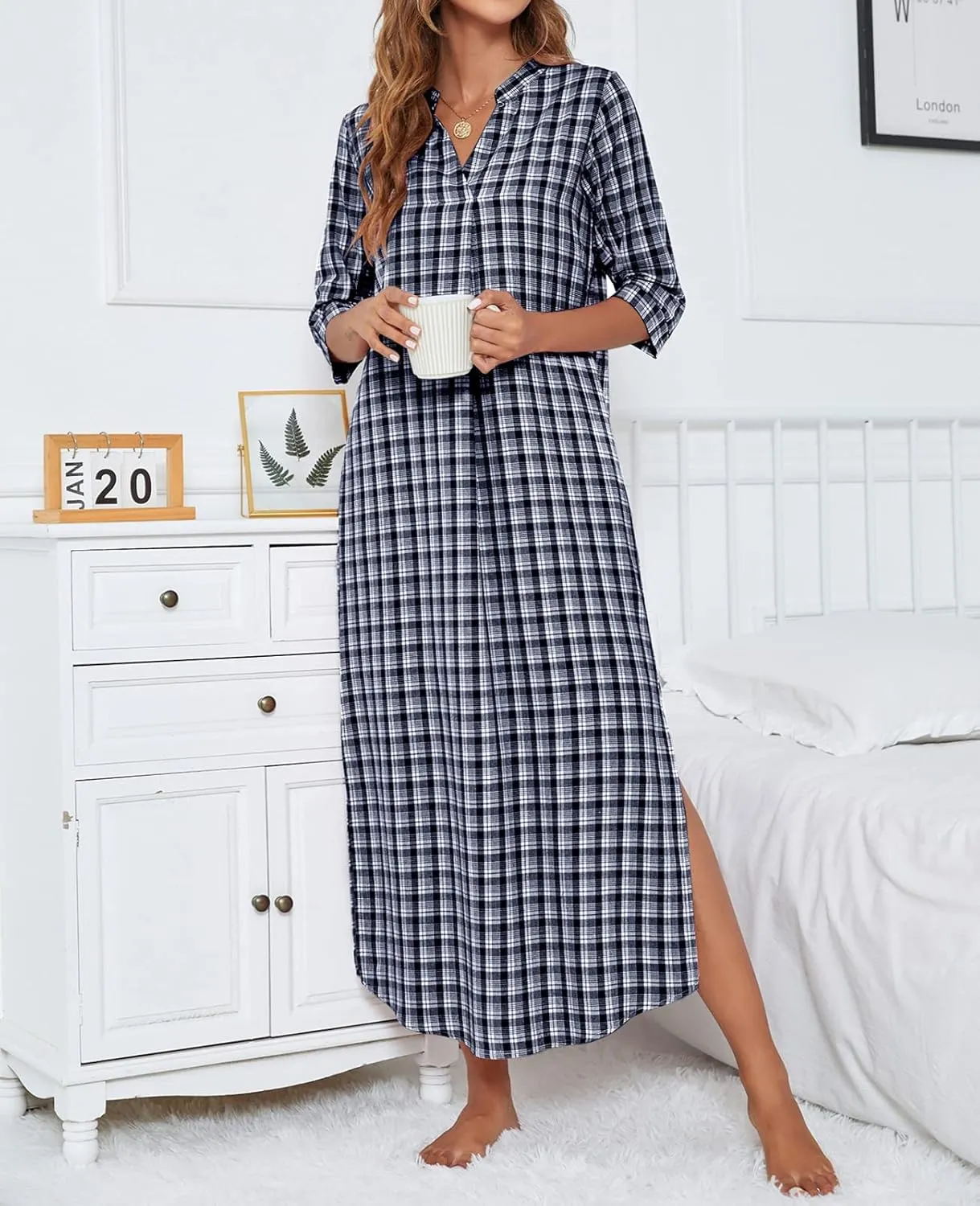 MINTLIMIT Women's 100% Cotton Plaid Nightgown Plain Cotton Half Sleeve Nightshirt V-Neck Long Pajama Dress with Pockets