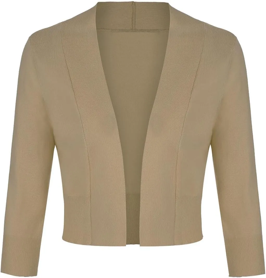 MINTLIMIT Women's Shrug Bolero Open Front 3/4 Sleeve Cropped Cardigan Sweater