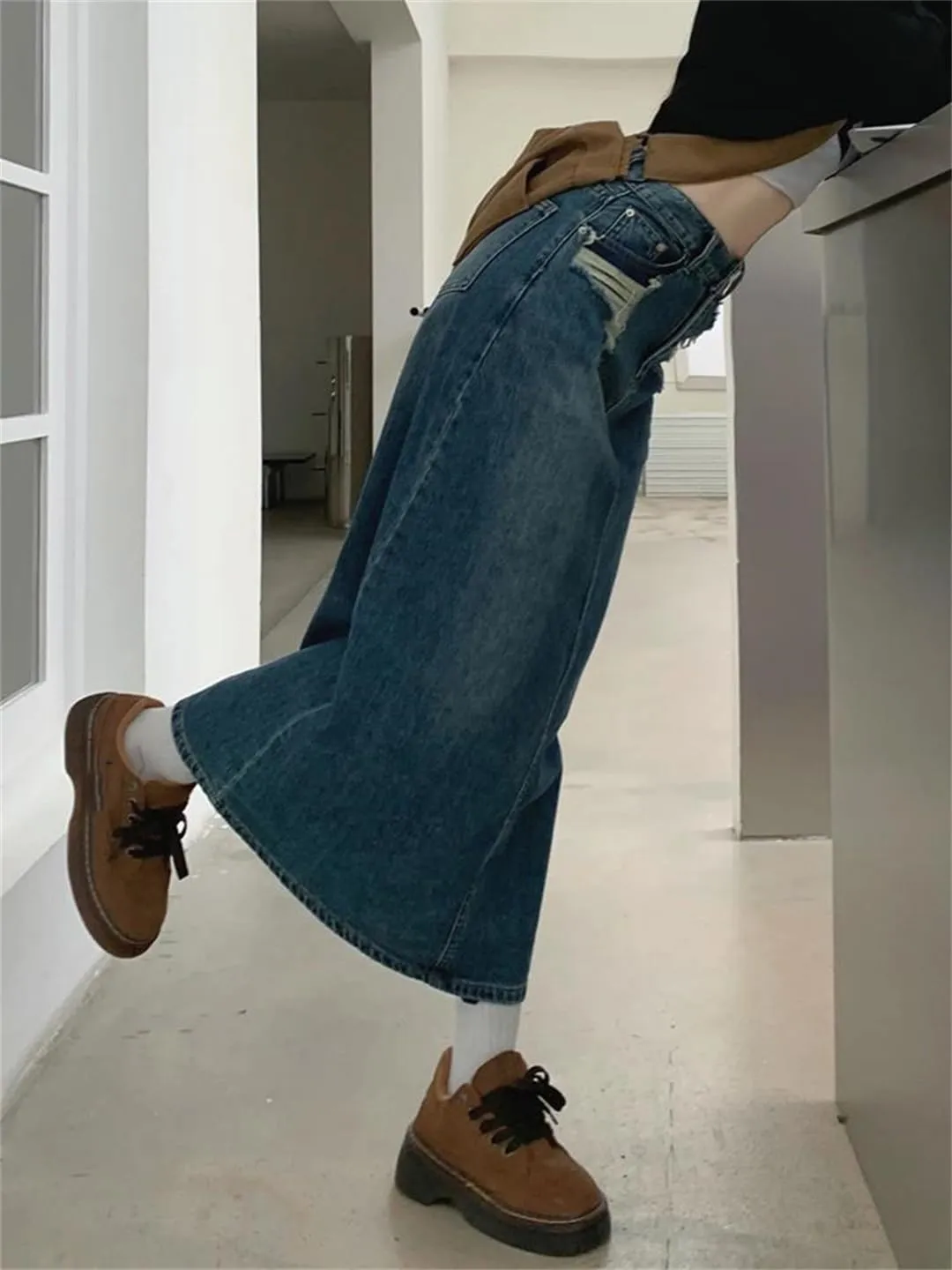 Mokkpeq Women's Back Slit Ripped Holes 5-Pocket Denim Skirts High Waisted Loose Casual Jeans Midi Skirts