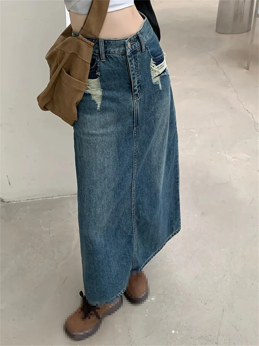 Mokkpeq Women's Back Slit Ripped Holes 5-Pocket Denim Skirts High Waisted Loose Casual Jeans Midi Skirts