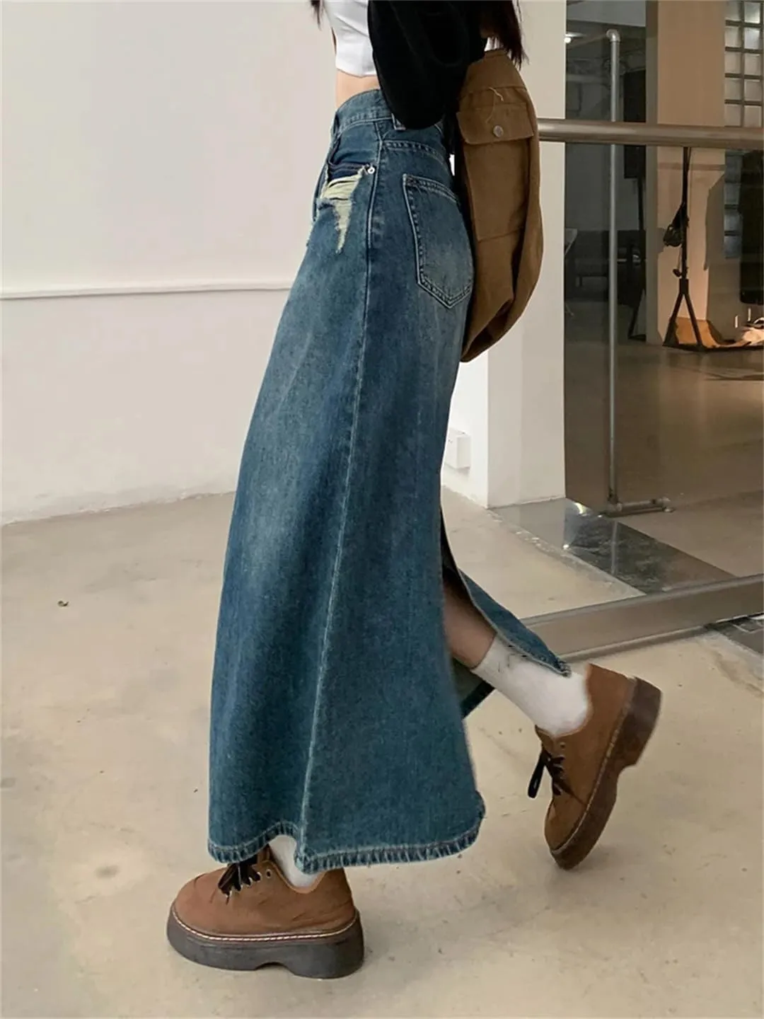 Mokkpeq Women's Back Slit Ripped Holes 5-Pocket Denim Skirts High Waisted Loose Casual Jeans Midi Skirts