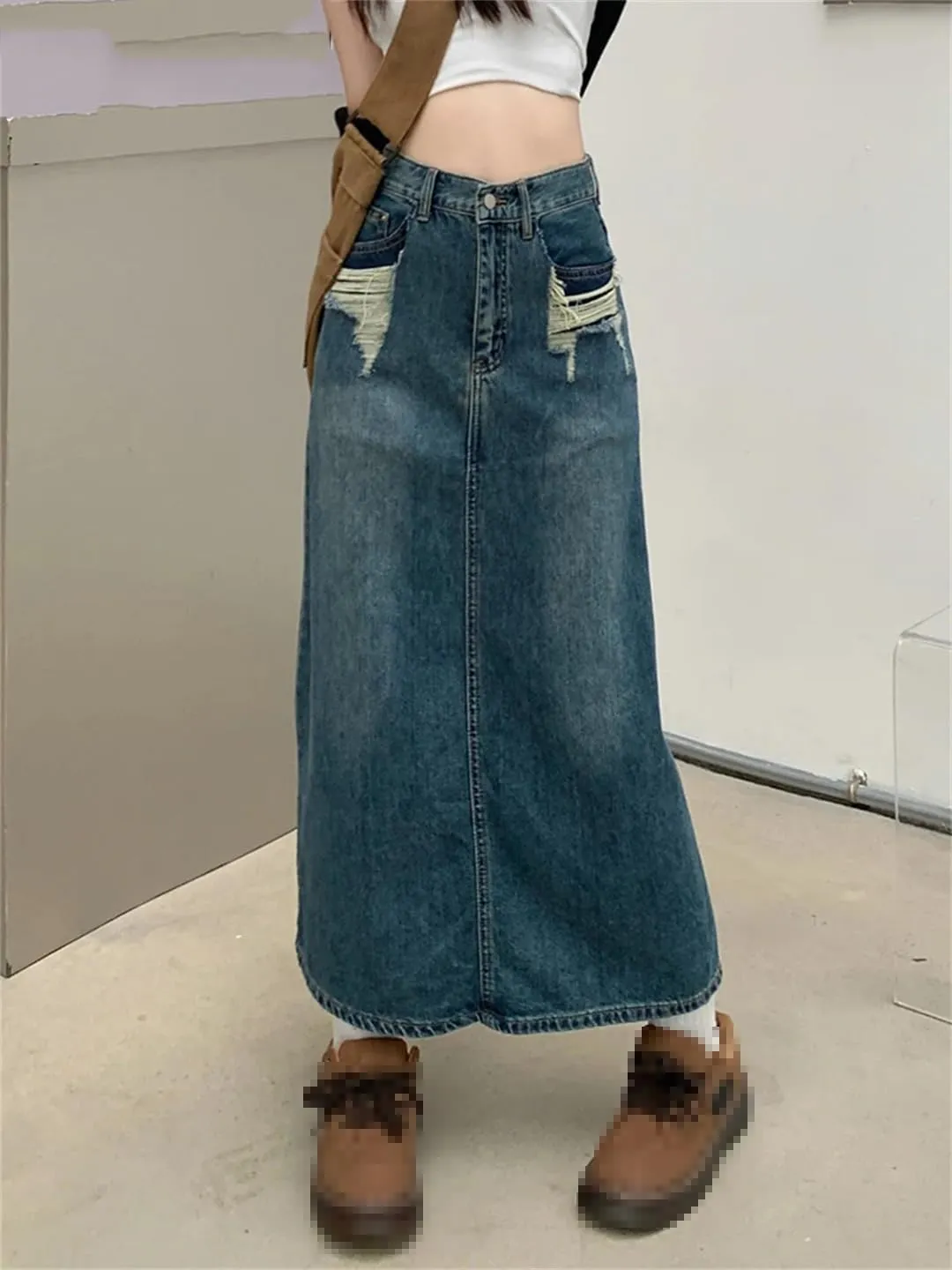 Mokkpeq Women's Back Slit Ripped Holes 5-Pocket Denim Skirts High Waisted Loose Casual Jeans Midi Skirts