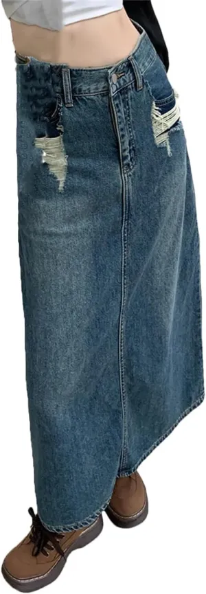 Mokkpeq Women's Back Slit Ripped Holes 5-Pocket Denim Skirts High Waisted Loose Casual Jeans Midi Skirts