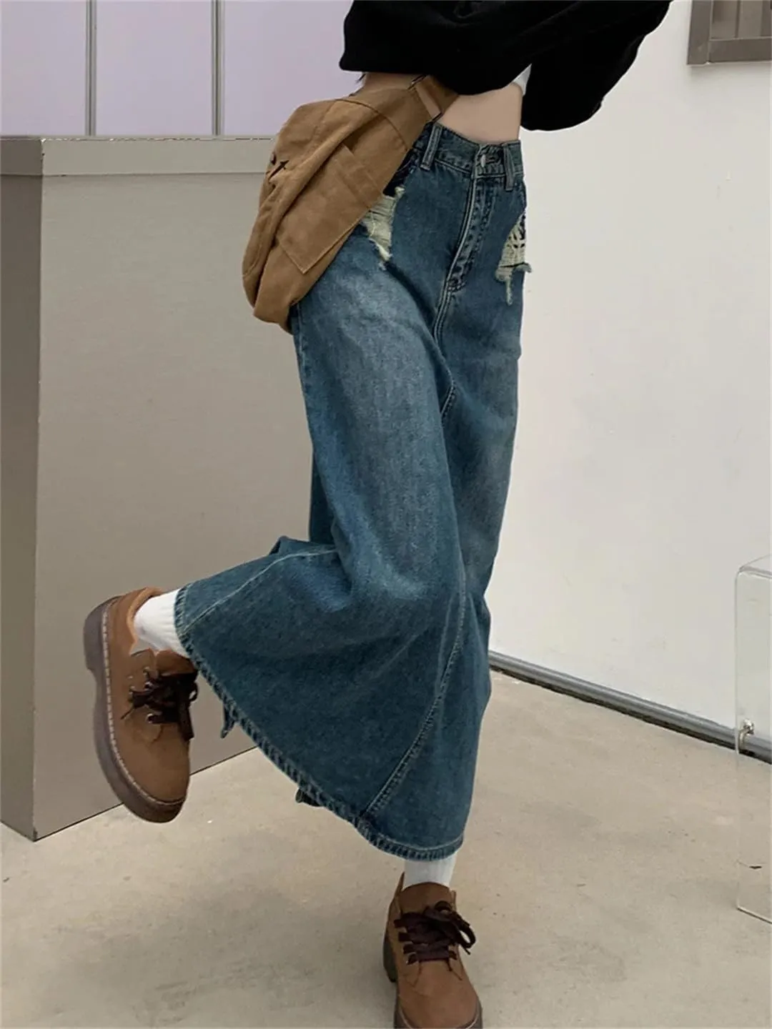 Mokkpeq Women's Back Slit Ripped Holes 5-Pocket Denim Skirts High Waisted Loose Casual Jeans Midi Skirts