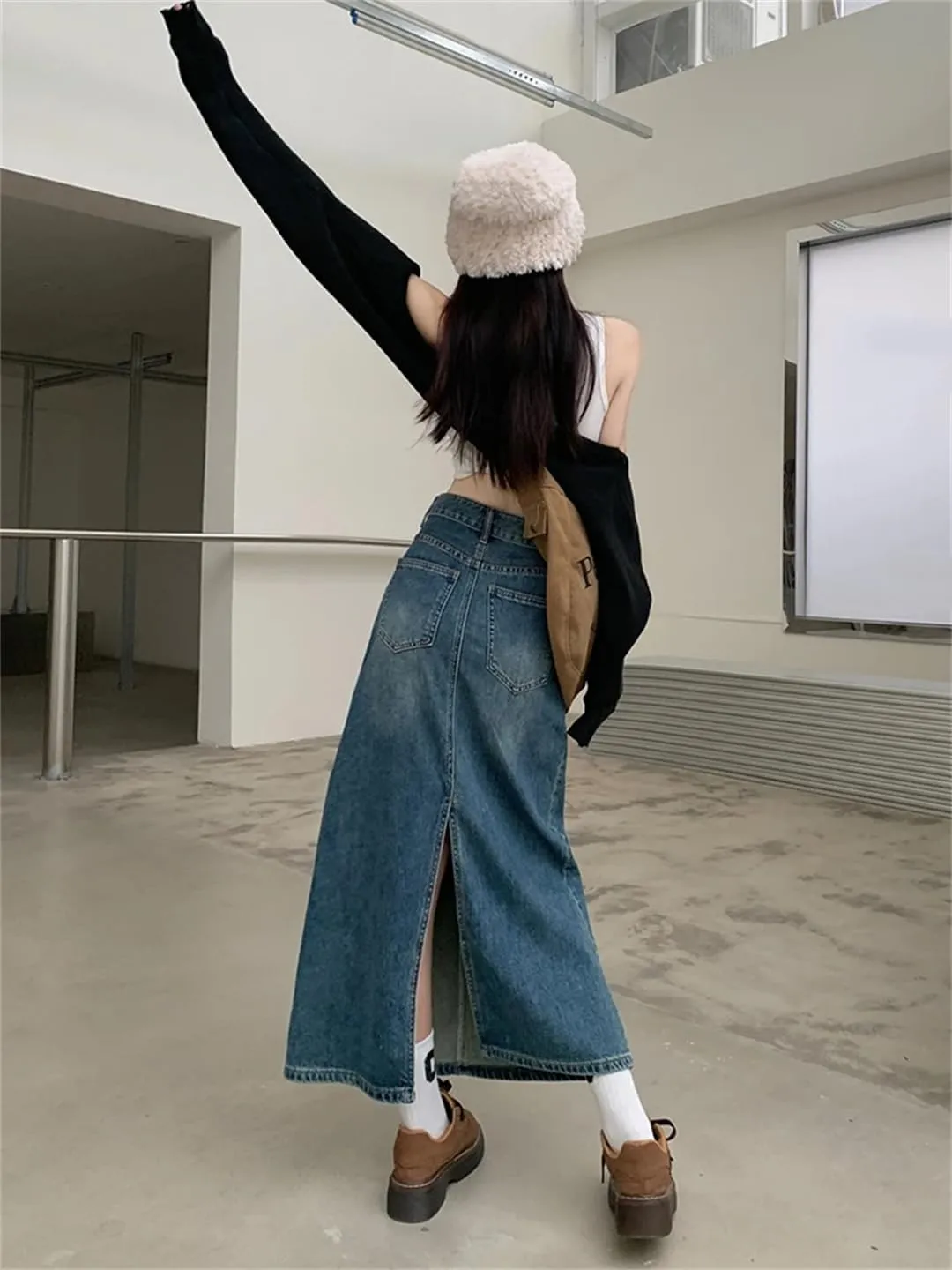 Mokkpeq Women's Back Slit Ripped Holes 5-Pocket Denim Skirts High Waisted Loose Casual Jeans Midi Skirts