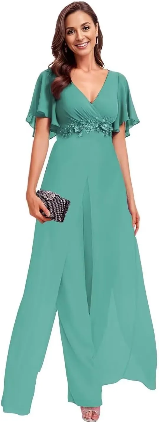 Mother of The Bride Pant Suits for Wedding Chiffon Jumpsuit Women's Formal Outfit