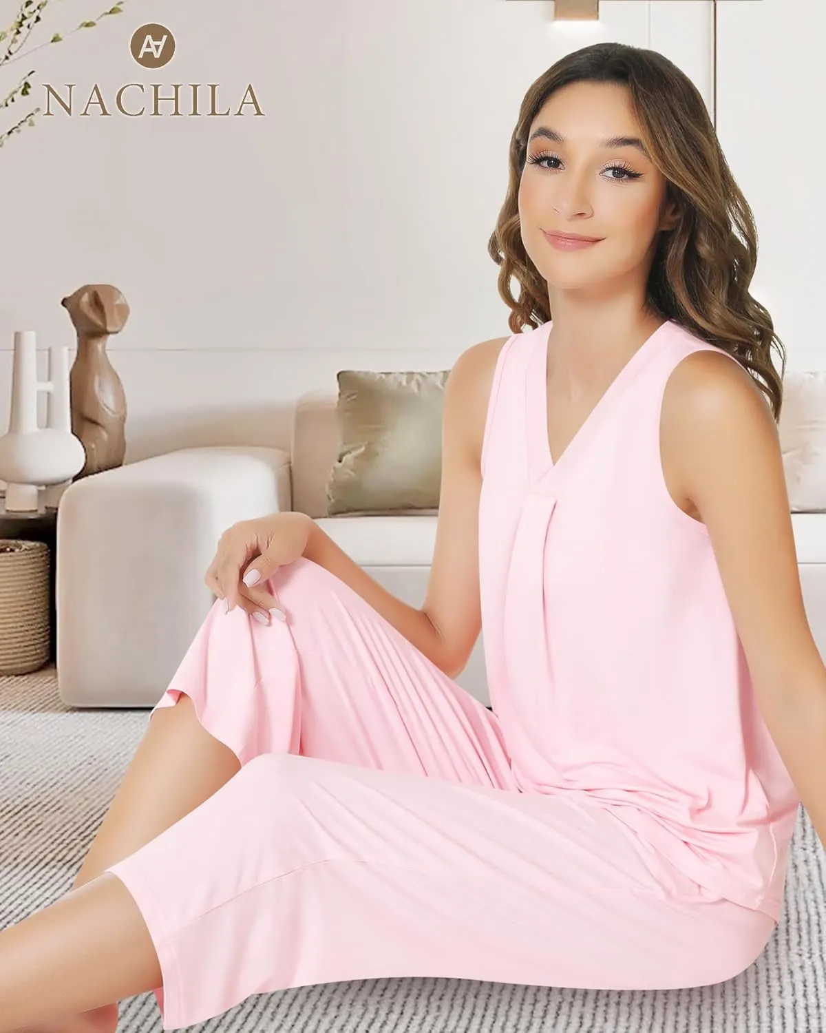 NACHILA Pajamas for Women-Viscose Made from Bamboo,Sleeveless Sleepwear Pleated Tank Top Pjs with Capri Pants Soft Pj