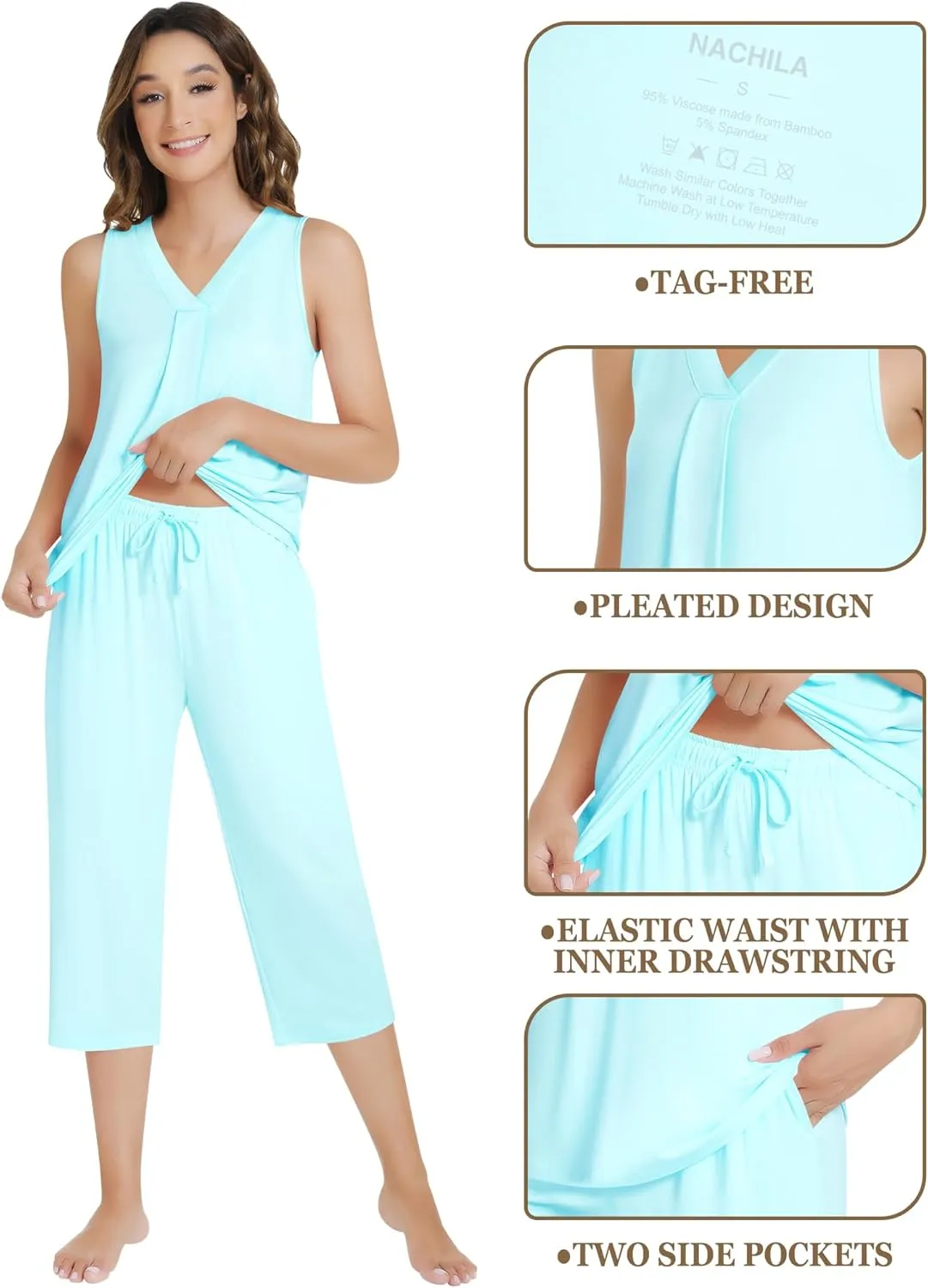 NACHILA Pajamas for Women-Viscose Made from Bamboo,Sleeveless Sleepwear Pleated Tank Top Pjs with Capri Pants Soft Pj