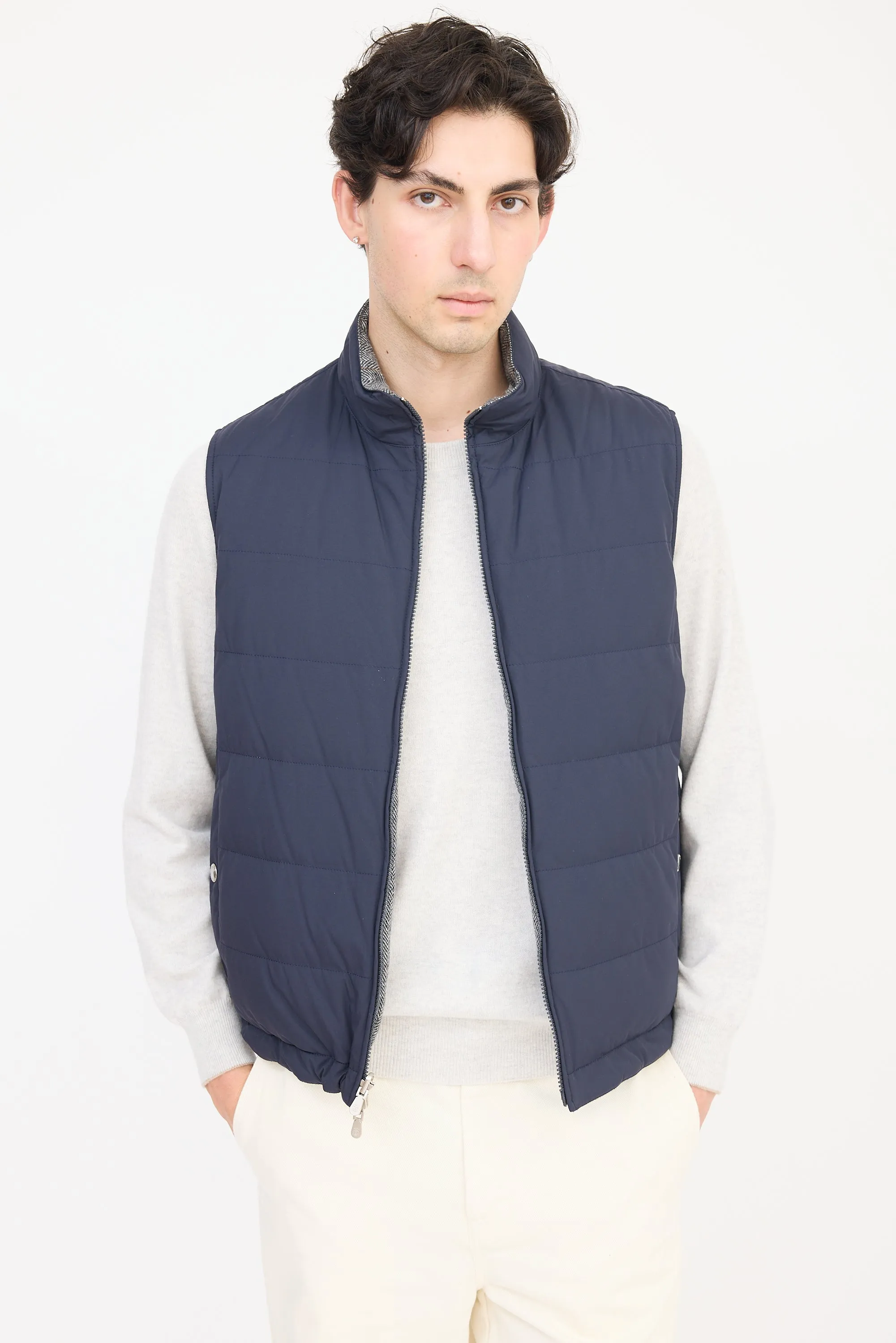 Navy & Grey Wool Reversible Padded Vest