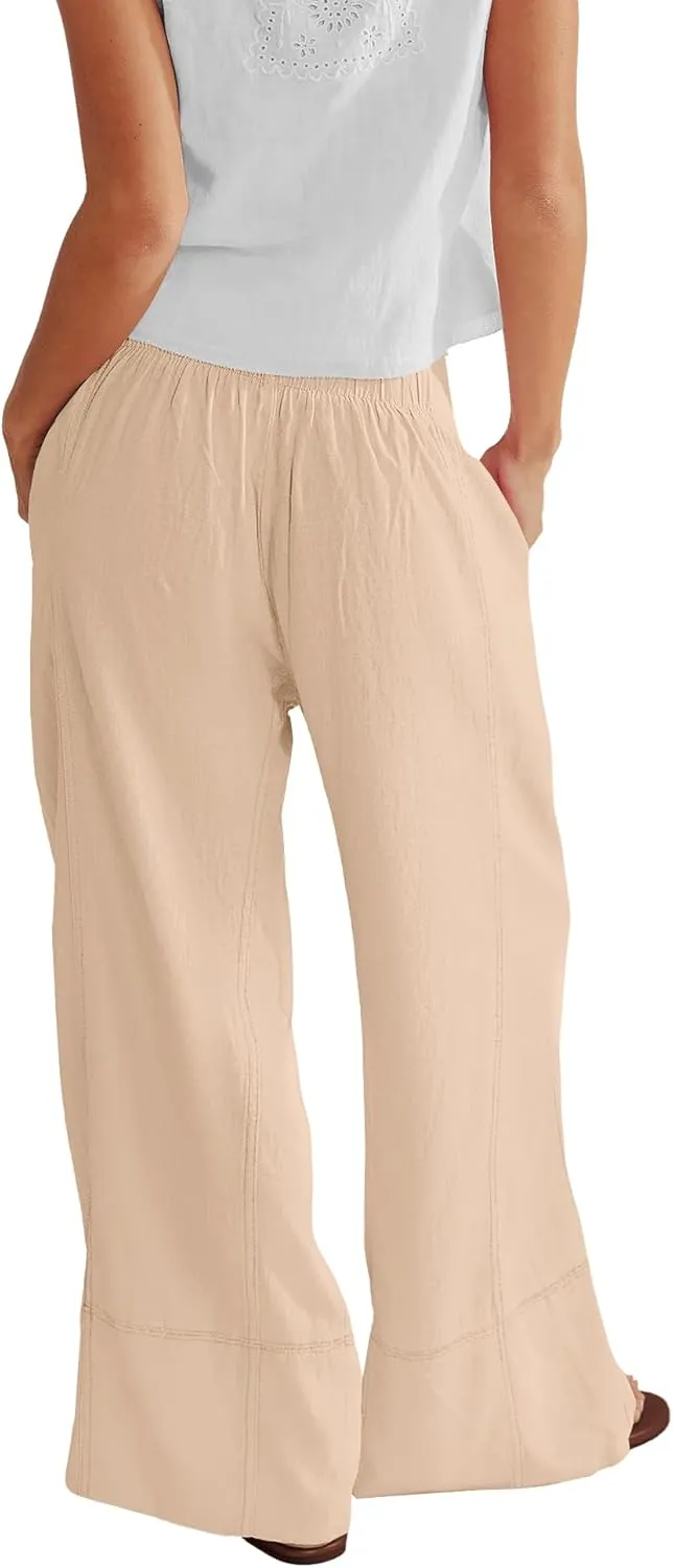 Nirovien Womens Wide Leg Linen Pants High Waisted Palazzo Pants Casual Summer Vacation Trousers with Pockets
