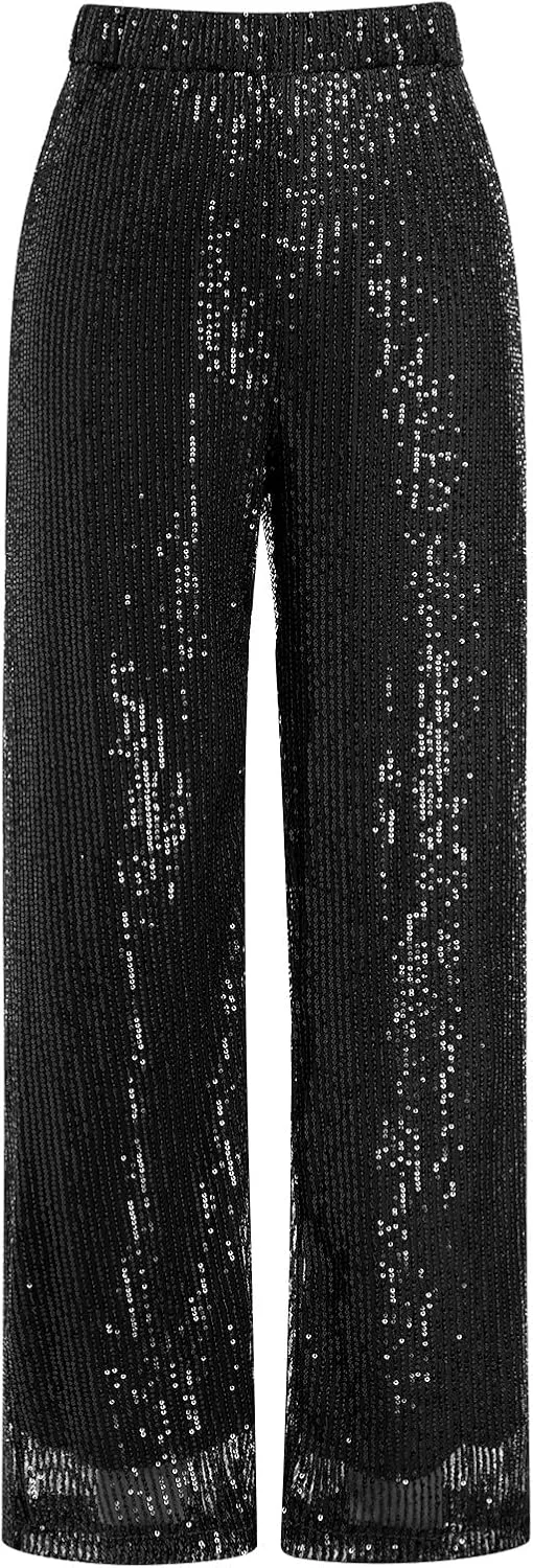 ODIZLI Womens Wide Leg Sparkle Sequin Pants Elastic High Waisted Bling Glitter Dance Pants