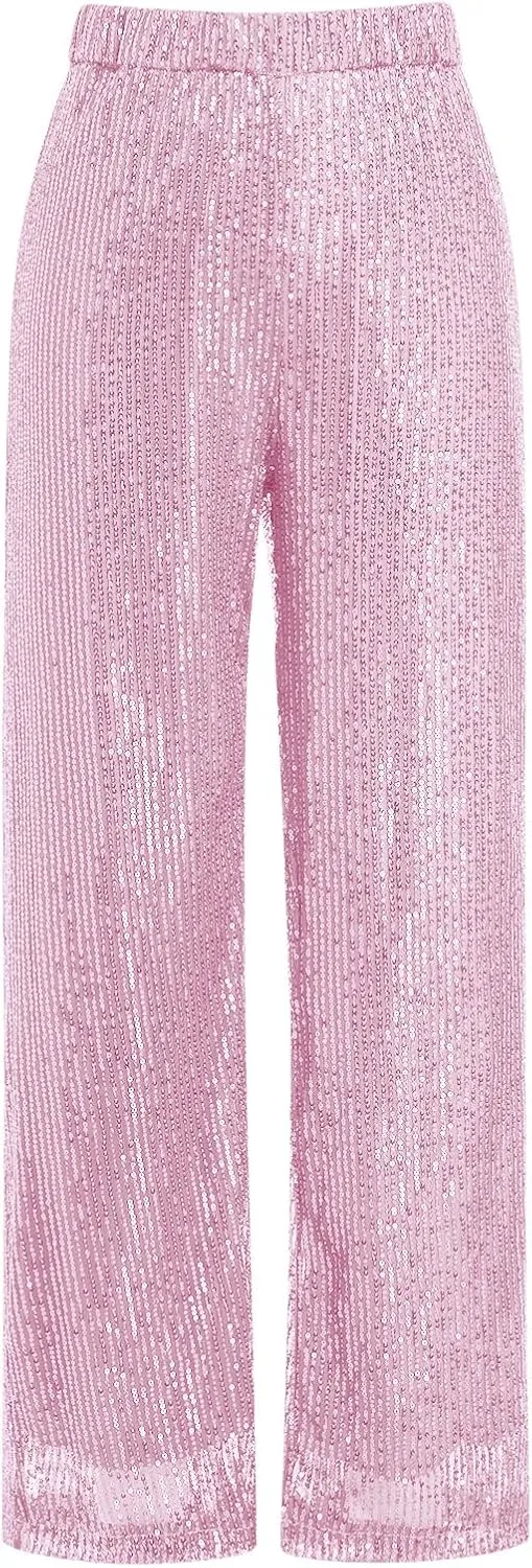 ODIZLI Womens Wide Leg Sparkle Sequin Pants Elastic High Waisted Bling Glitter Dance Pants