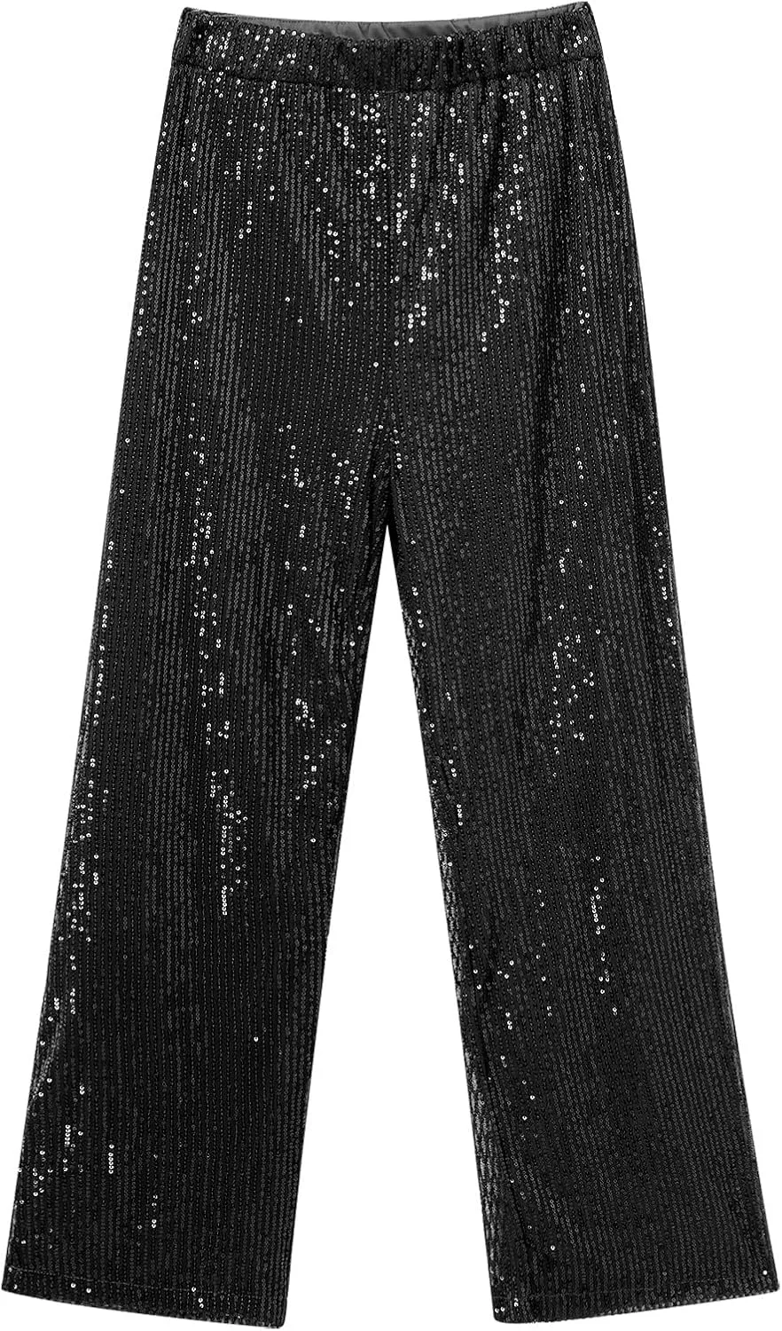 ODIZLI Womens Wide Leg Sparkle Sequin Pants Elastic High Waisted Bling Glitter Dance Pants