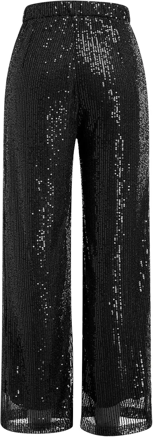 ODIZLI Womens Wide Leg Sparkle Sequin Pants Elastic High Waisted Bling Glitter Dance Pants