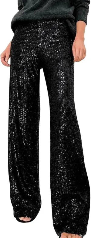 ODIZLI Womens Wide Leg Sparkle Sequin Pants Elastic High Waisted Bling Glitter Dance Pants