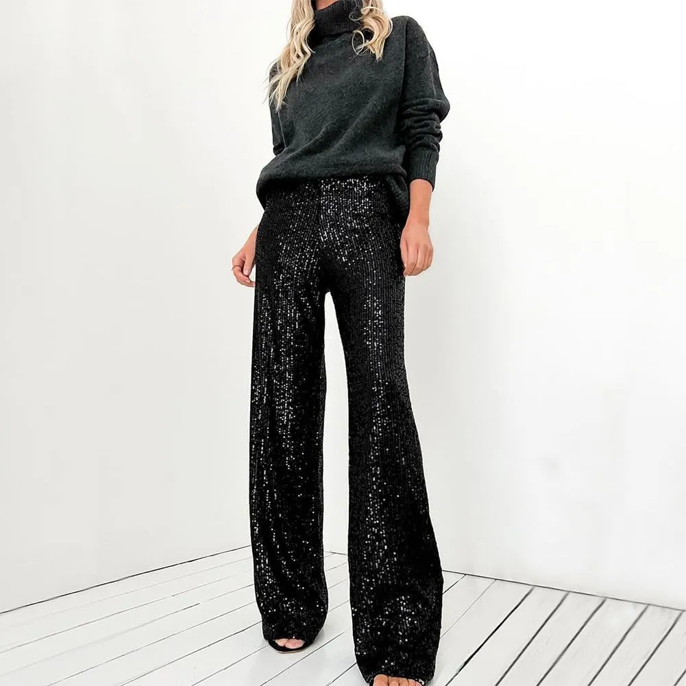 ODIZLI Womens Wide Leg Sparkle Sequin Pants Elastic High Waisted Bling Glitter Dance Pants