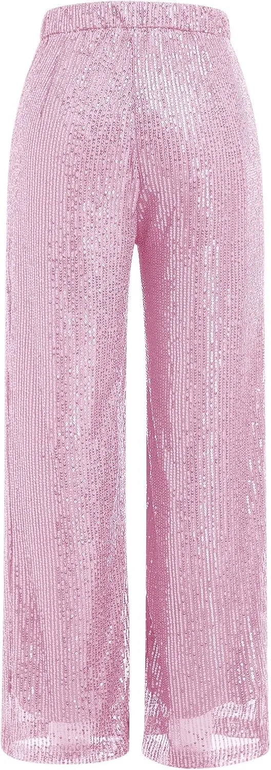 ODIZLI Womens Wide Leg Sparkle Sequin Pants Elastic High Waisted Bling Glitter Dance Pants