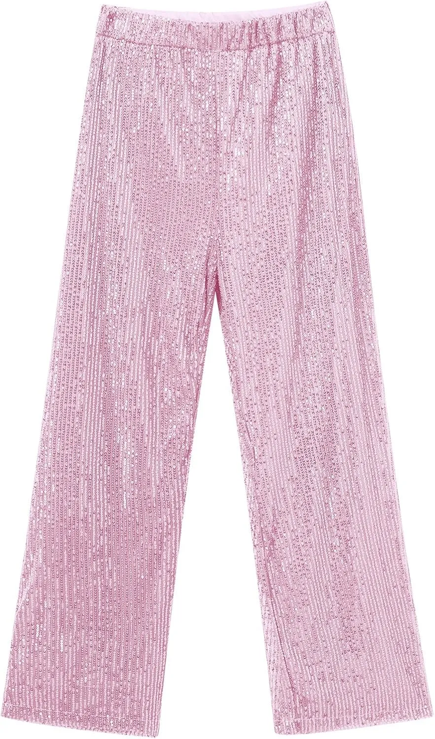 ODIZLI Womens Wide Leg Sparkle Sequin Pants Elastic High Waisted Bling Glitter Dance Pants