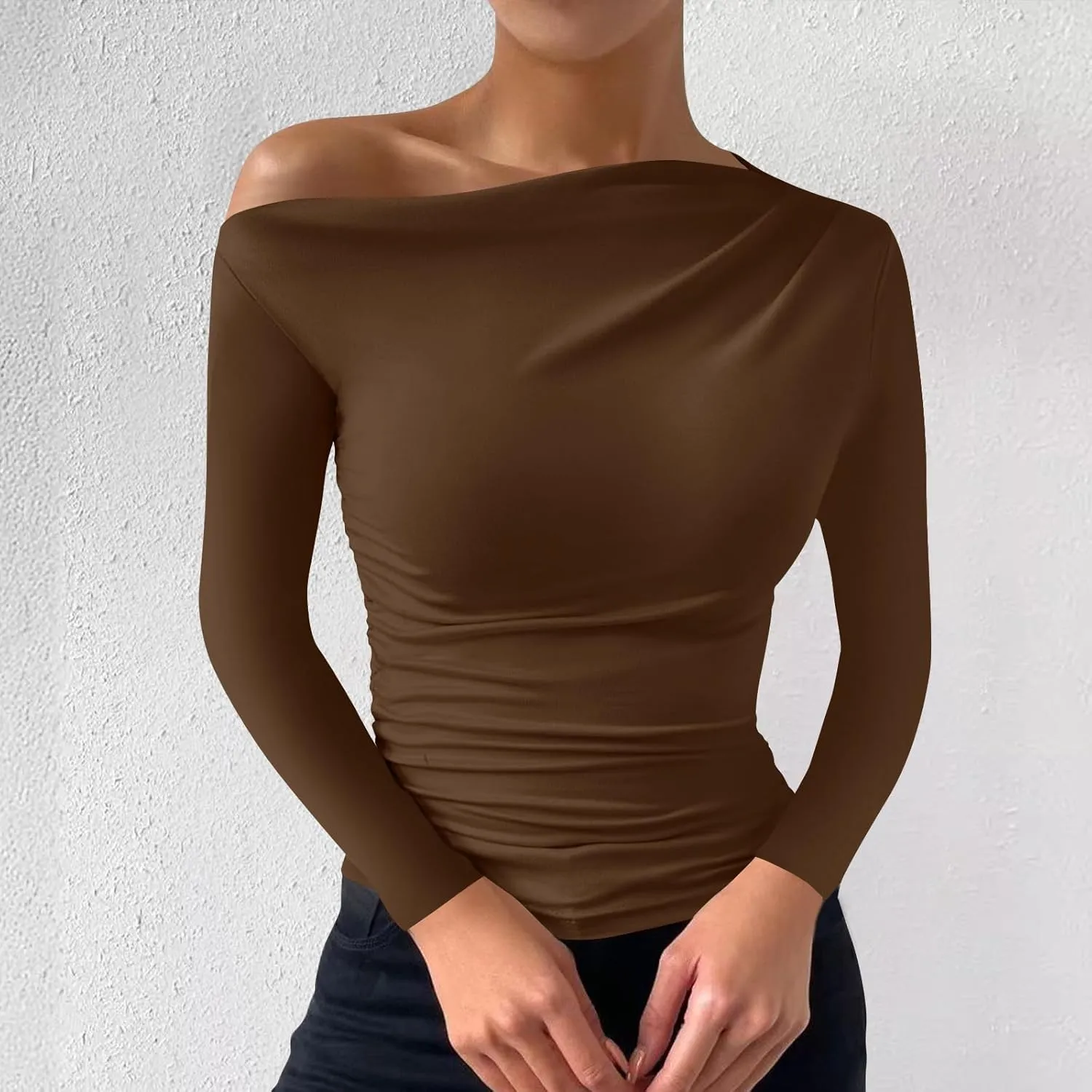 One Shoulder for Womens Sexy Long Sleeve Solid Color Shirt Cute Lightweight Daily Clothes Fashion Dressy Casual Top