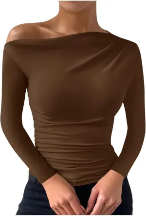 One Shoulder for Womens Sexy Long Sleeve Solid Color Shirt Cute Lightweight Daily Clothes Fashion Dressy Casual Top