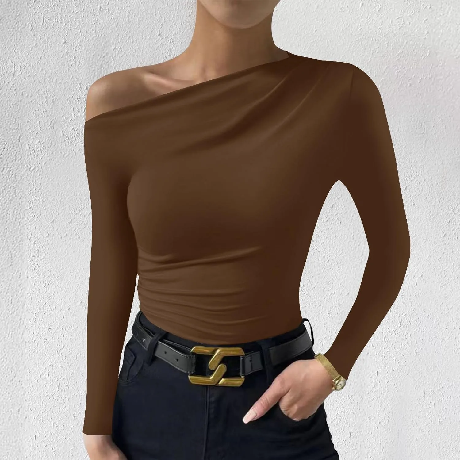 One Shoulder for Womens Sexy Long Sleeve Solid Color Shirt Cute Lightweight Daily Clothes Fashion Dressy Casual Top