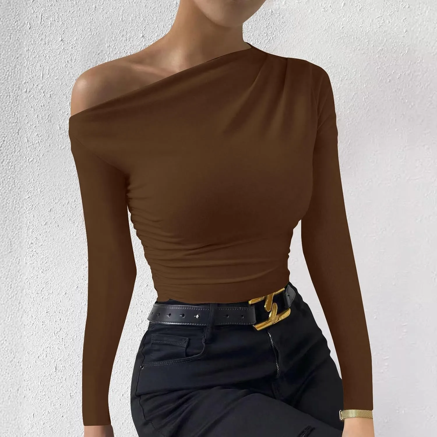 One Shoulder for Womens Sexy Long Sleeve Solid Color Shirt Cute Lightweight Daily Clothes Fashion Dressy Casual Top