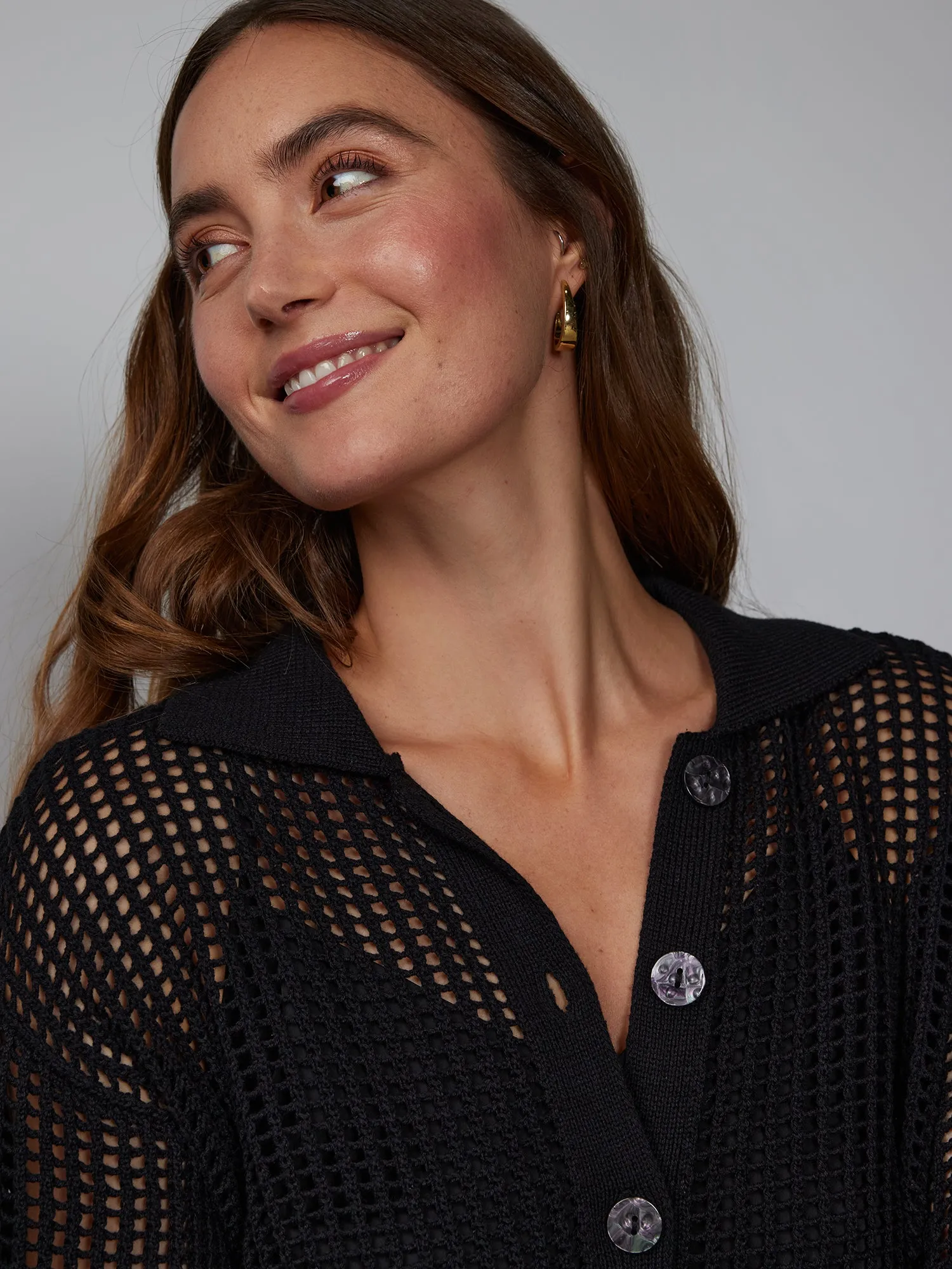 Open Stitch Collar Neck Cardigan