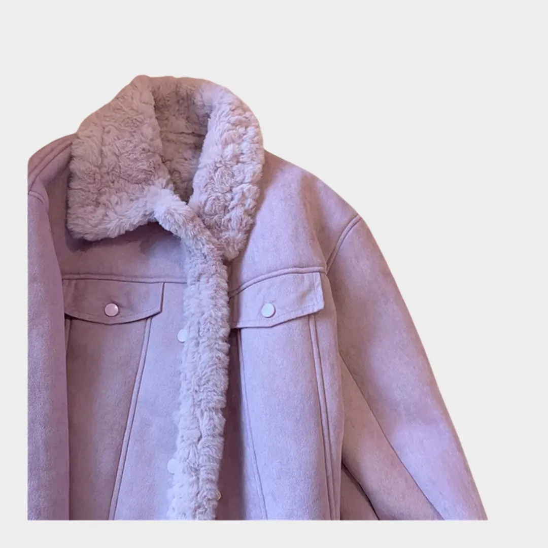Oversized Womens Purple Lambswool Coat - Autumn & Winter Plush Thick Wool Fur Coat