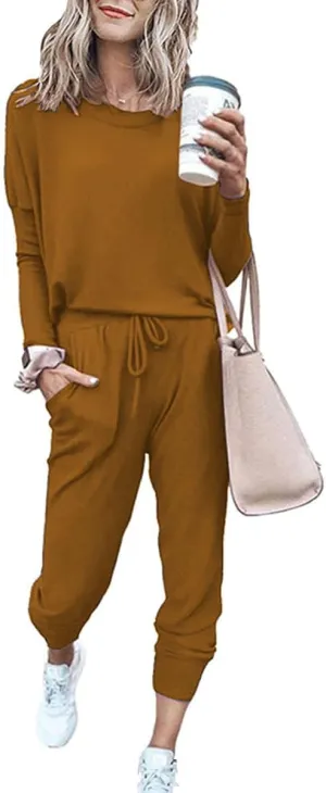Paintcolors Women's 2 Piece Outfit Long Sleeve Crewneck Tracksuit Solid Color Sweatsuit Lounge Matching Set with Pockets