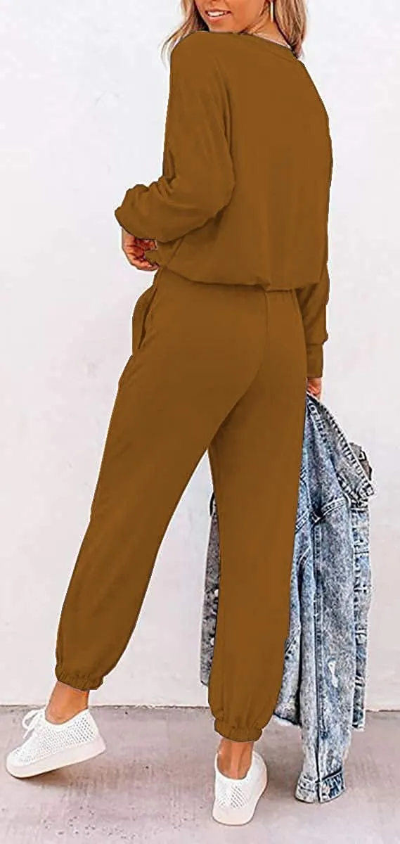 Paintcolors Women's 2 Piece Outfit Long Sleeve Crewneck Tracksuit Solid Color Sweatsuit Lounge Matching Set with Pockets