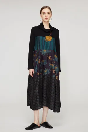 Patchwork Embroidered High-Neck Vintage Dress
