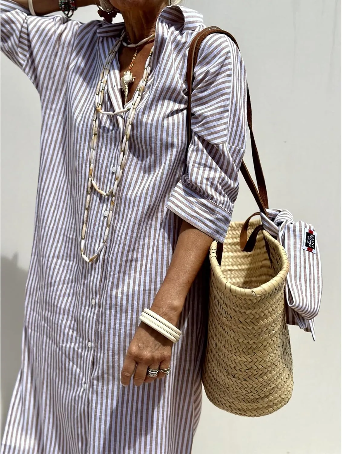 Perbai Women's Striped Button Down Long Shirt Dress Casual V Neck 3/4 Sleeve Belted Split Maxi Tunic Dresses