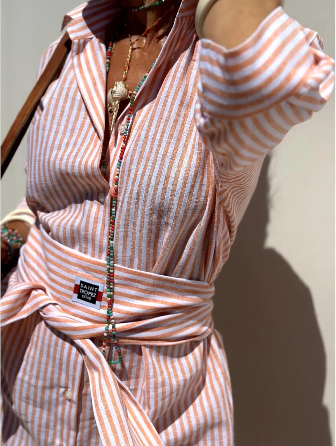 Perbai Women's Striped Button Down Long Shirt Dress Casual V Neck 3/4 Sleeve Belted Split Maxi Tunic Dresses