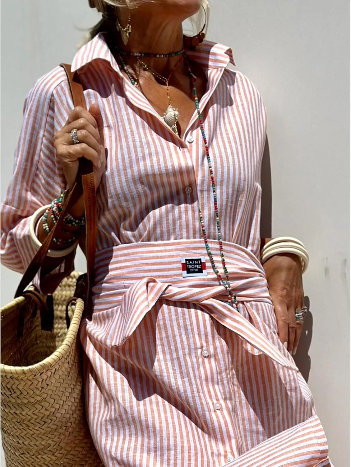 Perbai Women's Striped Button Down Long Shirt Dress Casual V Neck 3/4 Sleeve Belted Split Maxi Tunic Dresses