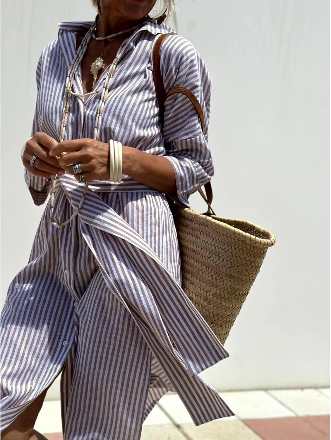 Perbai Women's Striped Button Down Long Shirt Dress Casual V Neck 3/4 Sleeve Belted Split Maxi Tunic Dresses