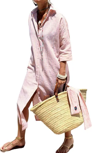 Perbai Women's Striped Button Down Long Shirt Dress Casual V Neck 3/4 Sleeve Belted Split Maxi Tunic Dresses