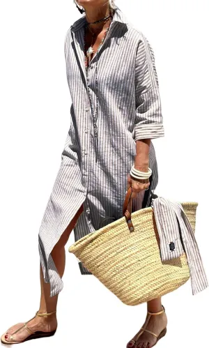 Perbai Women's Striped Button Down Long Shirt Dress Casual V Neck 3/4 Sleeve Belted Split Maxi Tunic Dresses