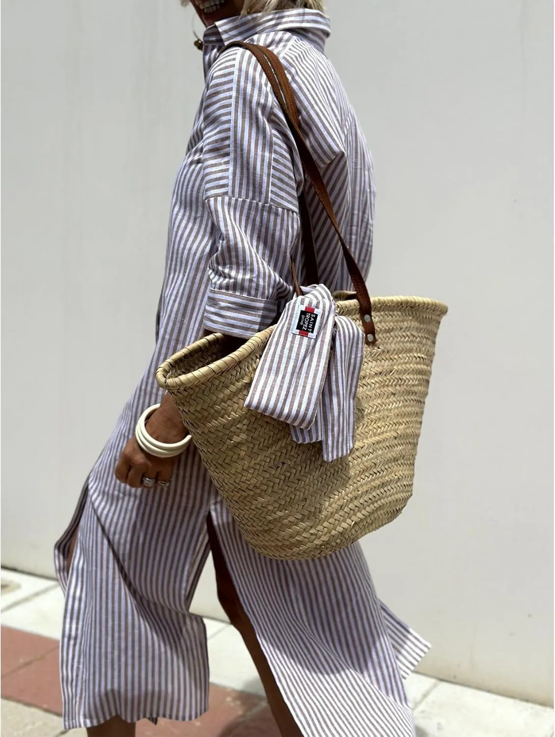 Perbai Women's Striped Button Down Long Shirt Dress Casual V Neck 3/4 Sleeve Belted Split Maxi Tunic Dresses