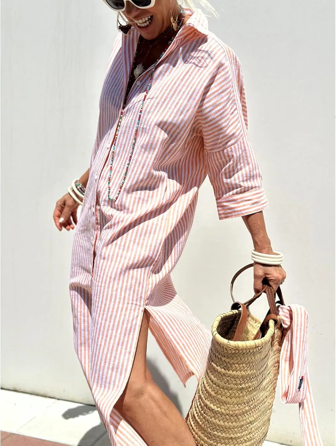 Perbai Women's Striped Button Down Long Shirt Dress Casual V Neck 3/4 Sleeve Belted Split Maxi Tunic Dresses