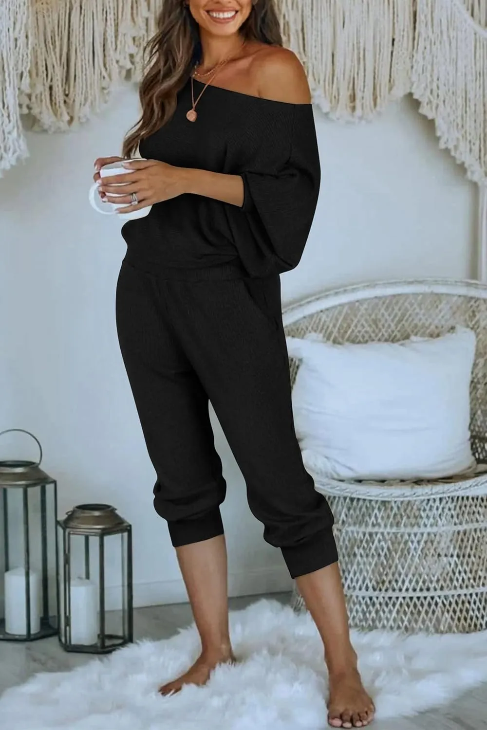 PRETTYGARDEN Women's 2 Piece Ribbed Tracksuit Outfits Off Shoulder Long Sleeve Pullover Lounge Pants with Pockets