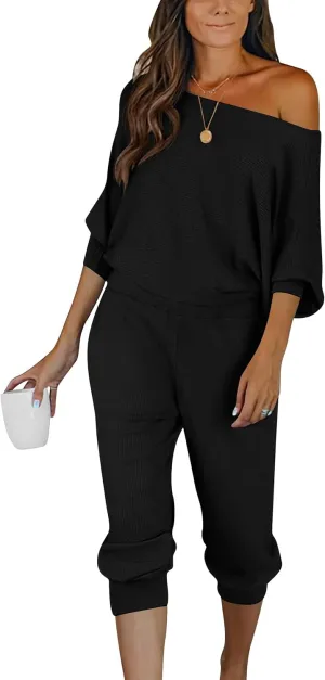 PRETTYGARDEN Women's 2 Piece Ribbed Tracksuit Outfits Off Shoulder Long Sleeve Pullover Lounge Pants with Pockets