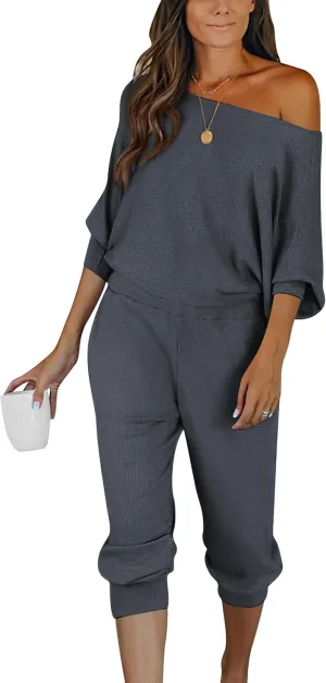 PRETTYGARDEN Women's 2 Piece Ribbed Tracksuit Outfits Off Shoulder Long Sleeve Pullover Lounge Pants with Pockets
