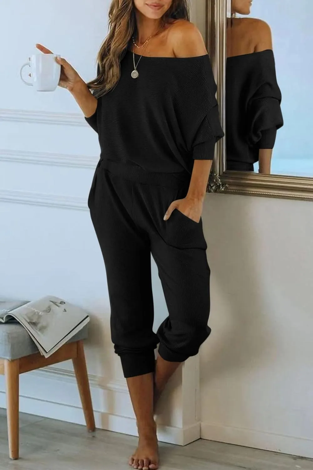 PRETTYGARDEN Women's 2 Piece Ribbed Tracksuit Outfits Off Shoulder Long Sleeve Pullover Lounge Pants with Pockets