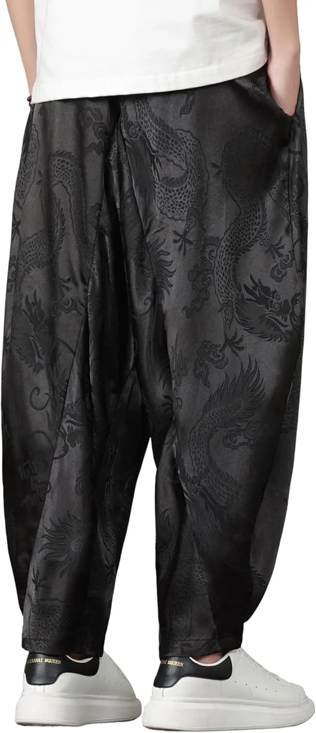 PRIJOUHE Harem Pants for Men Casual Drawstring Yoga Pants Boho Loose Fit Tapered Cropped Trousers with Pockets