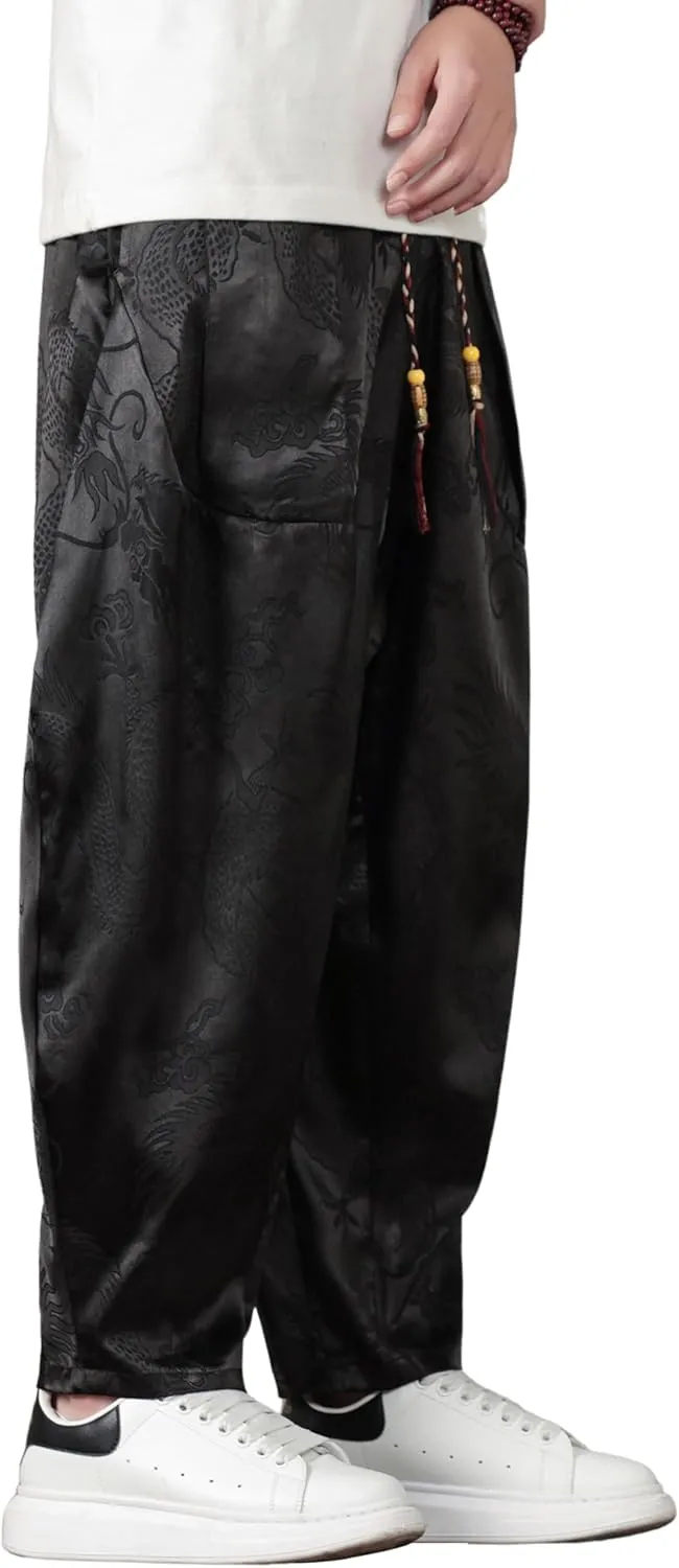 PRIJOUHE Harem Pants for Men Casual Drawstring Yoga Pants Boho Loose Fit Tapered Cropped Trousers with Pockets