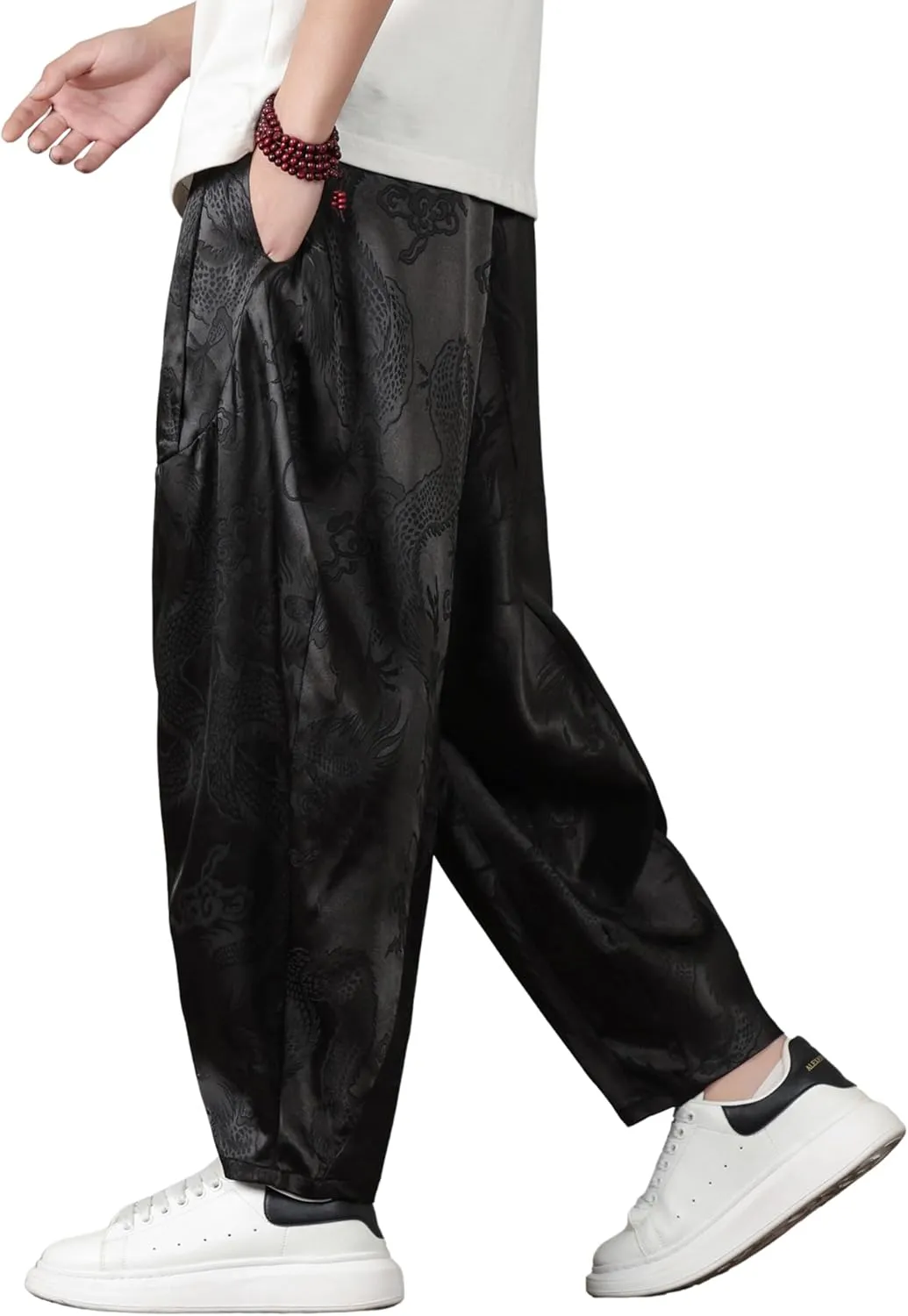PRIJOUHE Harem Pants for Men Casual Drawstring Yoga Pants Boho Loose Fit Tapered Cropped Trousers with Pockets